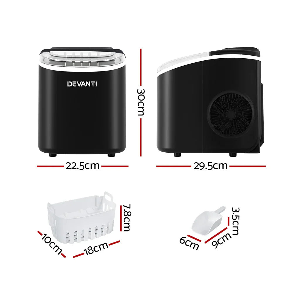 Devanti Portable Ice Maker Machine Ice Cube Tray 12kg Bar Countertop Black - Flea Market