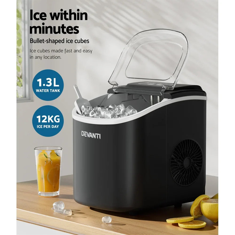 Devanti Portable Ice Maker Machine Ice Cube Tray 12kg Bar Countertop Black - Flea Market