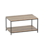 Modern rectangular wood coffee table with black metal frame and lower shelf