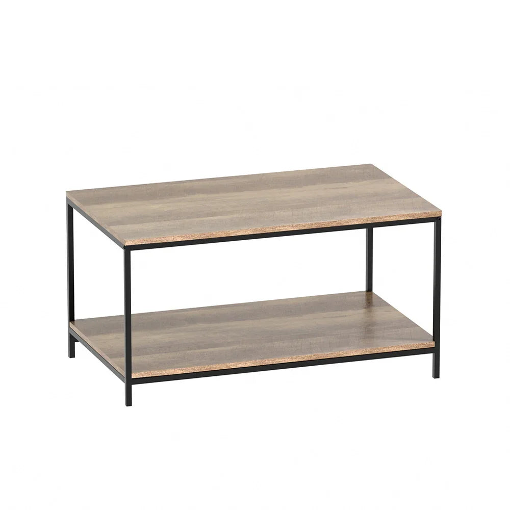 Modern rectangular wood coffee table with black metal frame and lower shelf