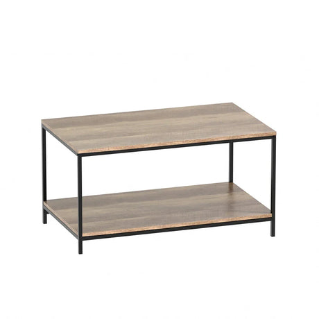 Modern rectangular wood coffee table with black metal frame and lower shelf