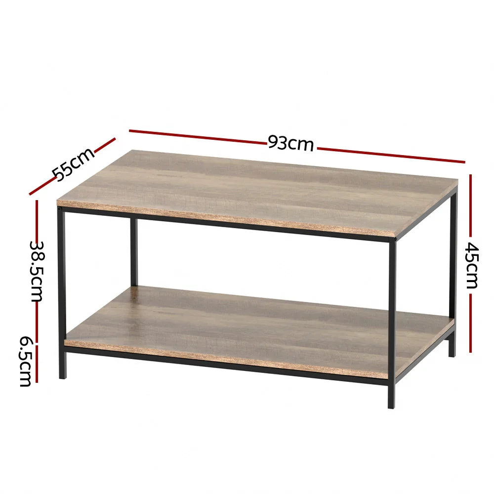 Rectangular wooden coffee table with black metal frame, two tiers, and dimensions labeled.