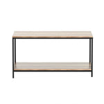 Modern wooden coffee table with black metal frame and lower shelf on white background