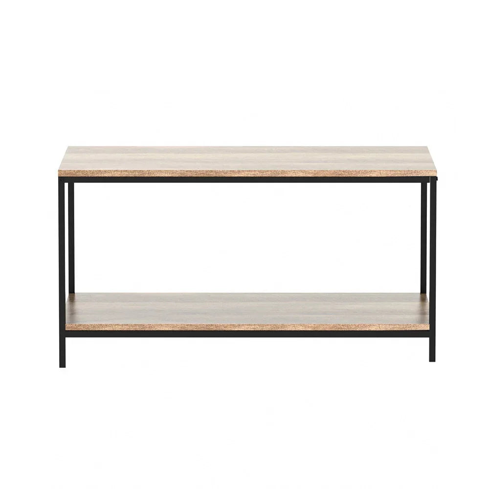 Modern wooden coffee table with black metal frame and lower shelf on white background