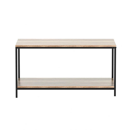Modern wooden coffee table with black metal frame and lower shelf on white background