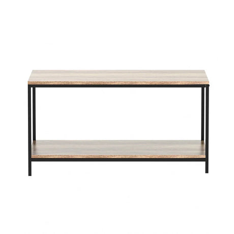 Modern wooden coffee table with black metal frame and lower shelf on white background