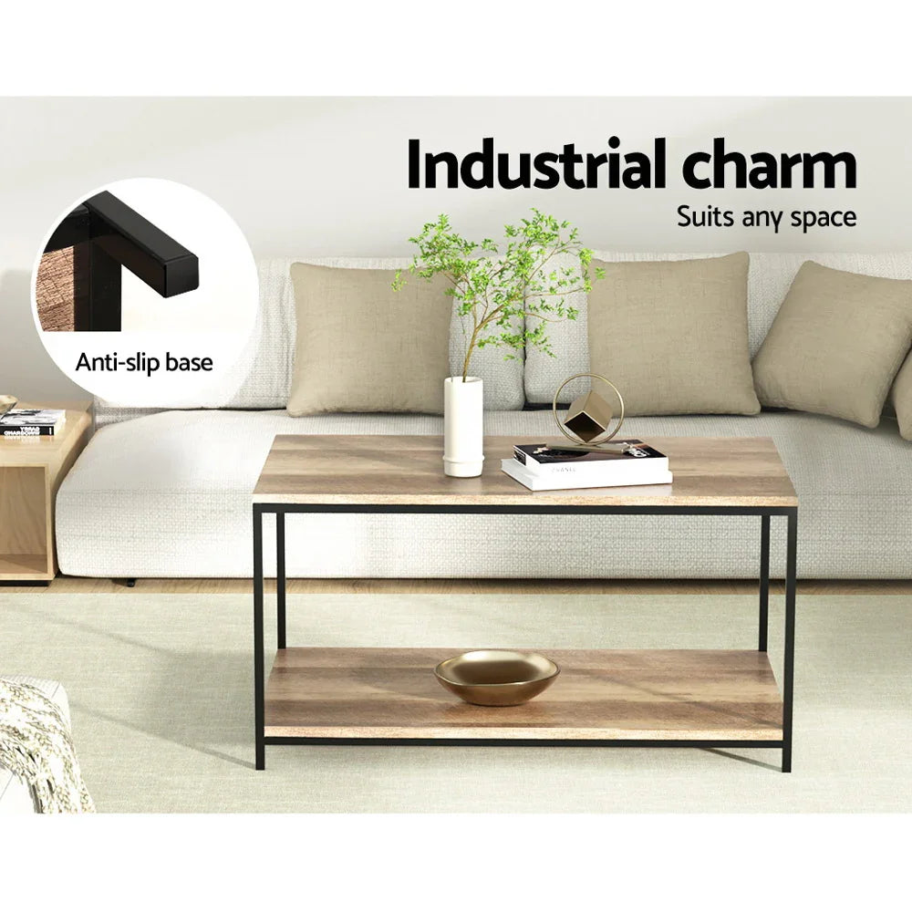 Industrial style coffee table with wood finish and black metal frame in modern living room