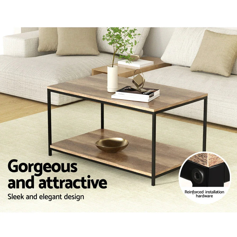 Modern wooden coffee table with black metal frame in living room, minimal decor, sofa backdrop