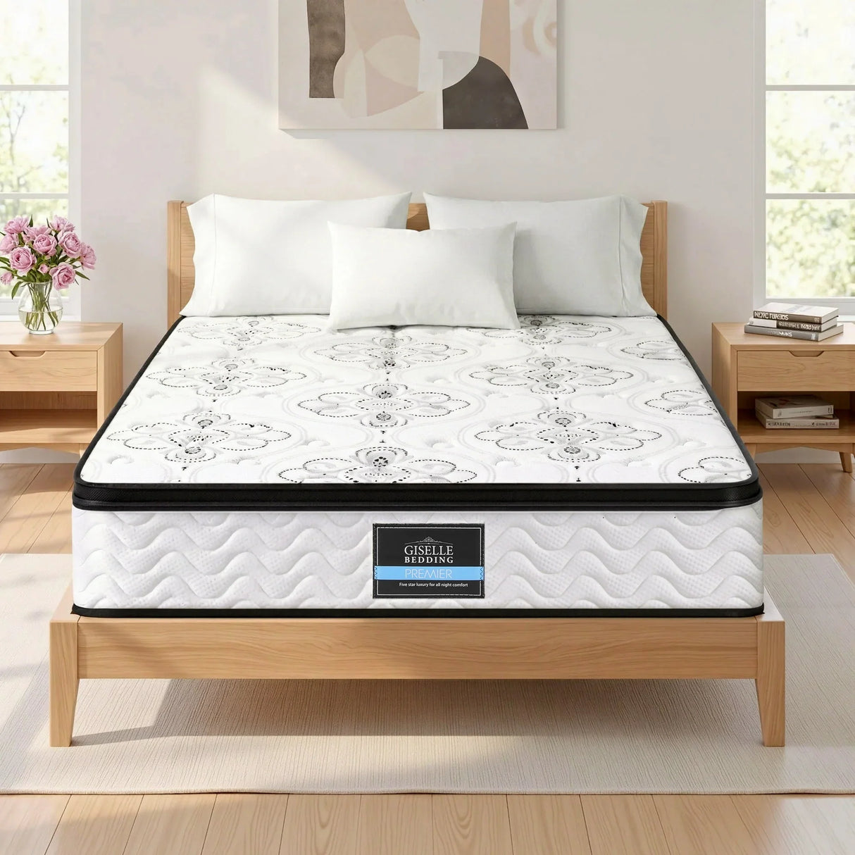 Giselle Bedding queen size mattress on wooden bed frame in modern bedroom, Flea Market AU
