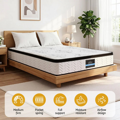 Medium firm mattress with pocket spring, full support, moisture resistant, airflow design on a modern wooden bed in a bright bedroom at Flea Market online bargain store.