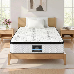 Giselle Bedding mattress with patterned top on modern wooden bed in bright bedroom, Flea Market AU