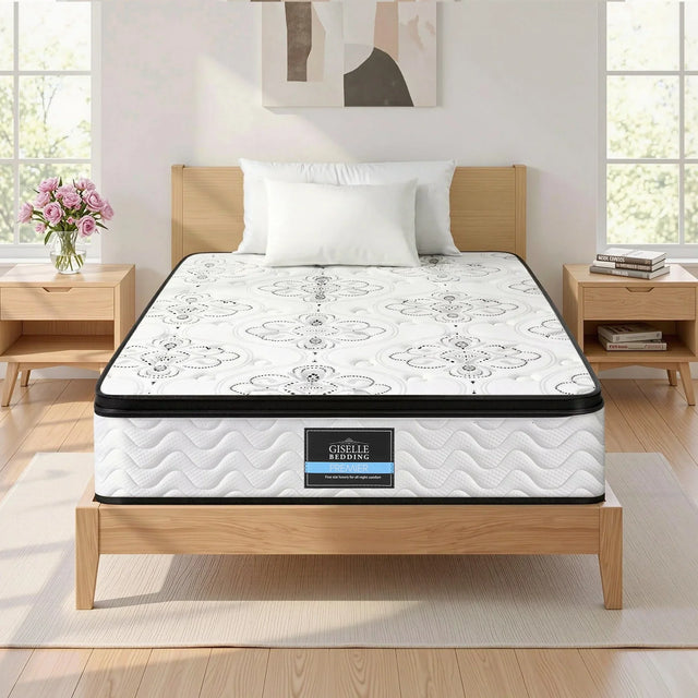 Giselle Bedding mattress on modern wooden bed frame in bright bedroom, Flea Market AU
