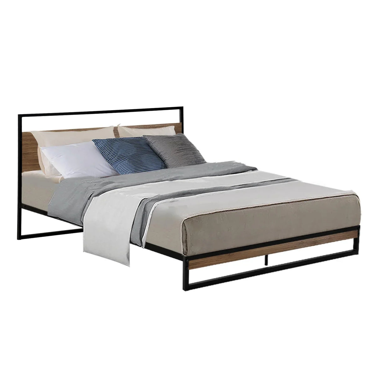 Modern queen bed with black metal frame, wooden headboard, gray bedding, and assorted pillows