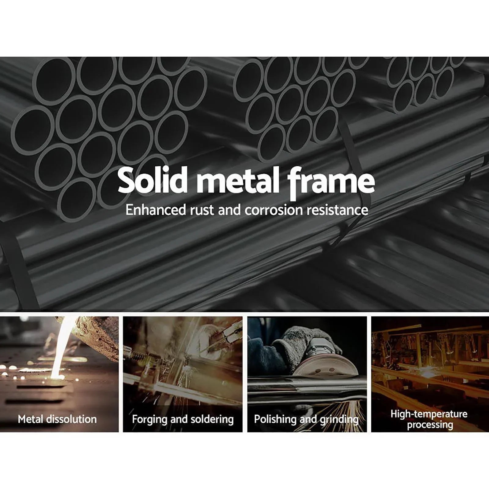 Black solid metal frame tubes with enhanced rust and corrosion resistance, showing metalwork stages