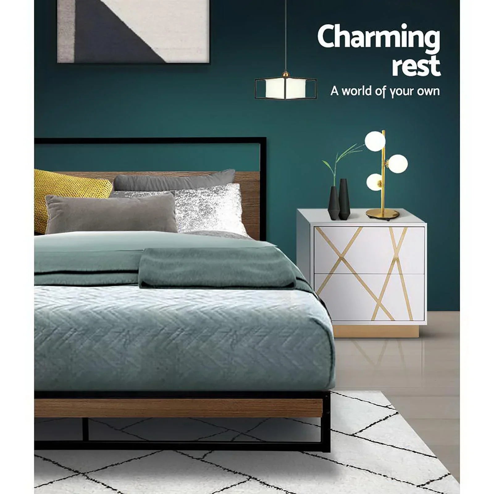 Modern bedroom with teal bedding, geometric rug, white and gold nightstand, decorative lamp