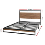 Black metal bed frame with wooden headboard and footboard, dimensions labeled