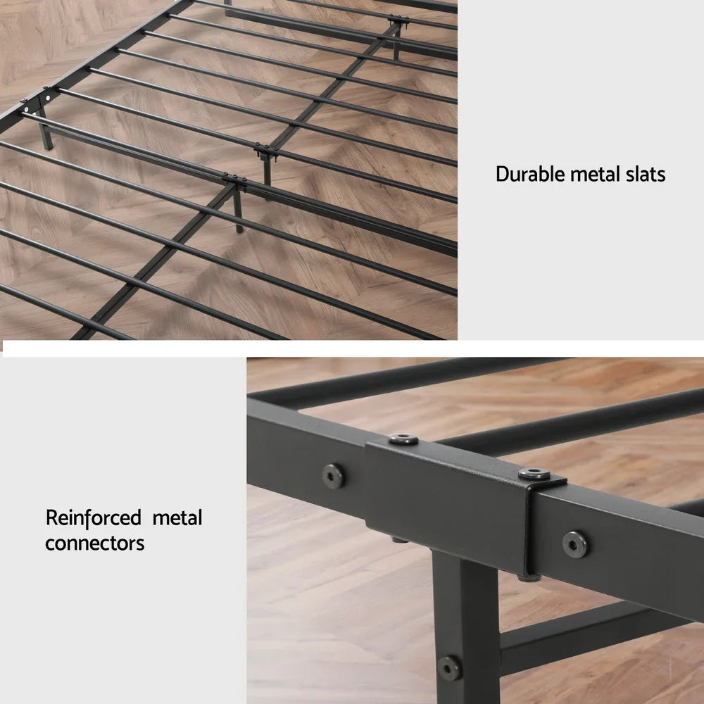 Black metal bed frame with durable slats and reinforced metal connectors on wooden floor