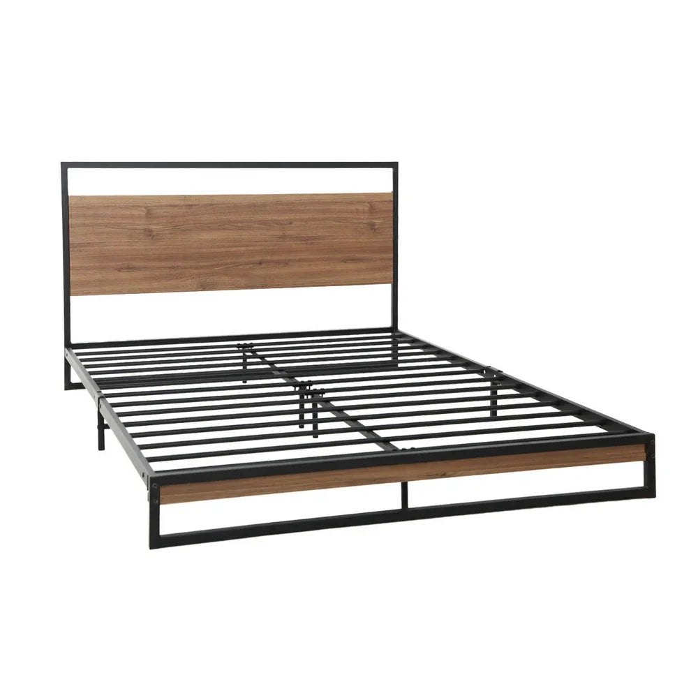 Modern metal bed frame with wooden headboard and footboard panels in black and wood finish