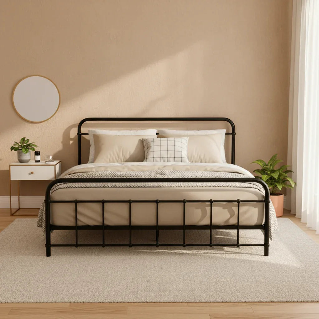 Modern black metal bed frame with beige bedding in a minimalist bedroom with plants and a round mirror