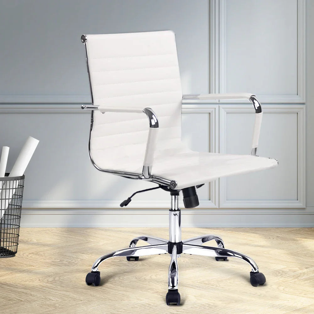 Artiss Office Chair Conference Chairs PU Leather Mid Back White - Flea Market