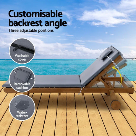 Gardeon 2x Sun Lounge Wooden Lounger Outdoor Furniture Day Bed Wheel Patio Grey - Flea Market