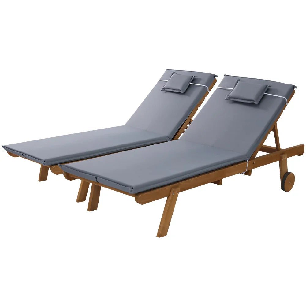 Gardeon 2x Sun Lounge Wooden Lounger Outdoor Furniture Day Bed Wheel Patio Grey - Flea Market