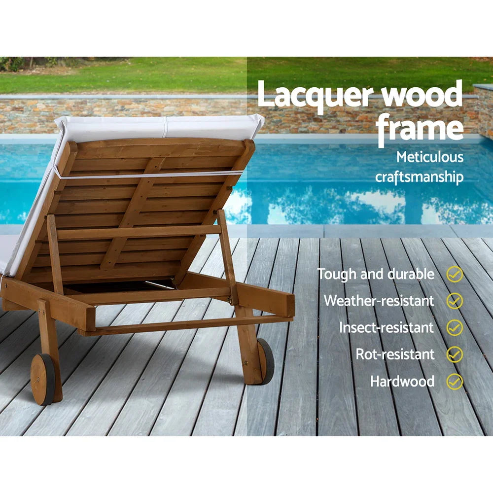 Gardeon 2x Sun Lounge Wooden Lounger Outdoor Furniture Day Bed Wheel Patio White - Flea Market