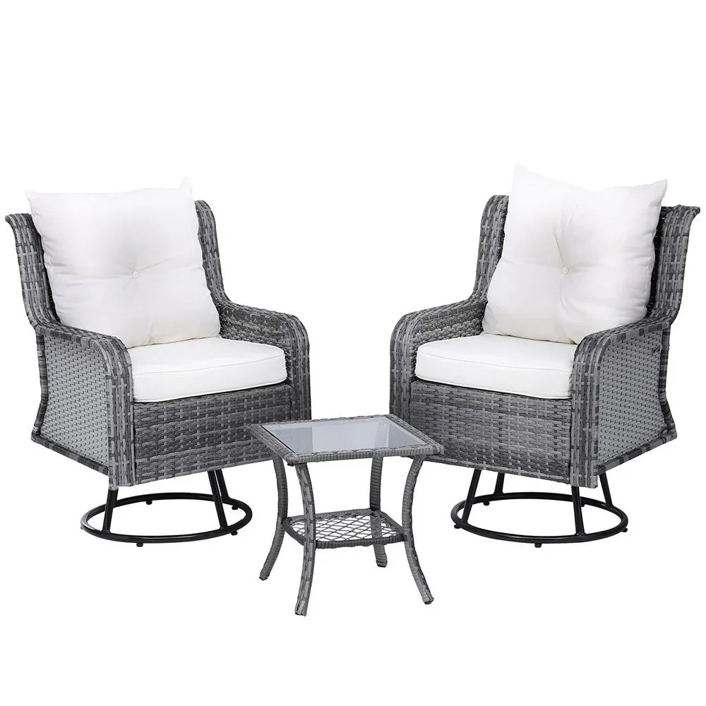 Gardeon 3PC Outdoor Furniture Bistro Set Lounge Wicker Swivel Chairs Table Cushion Grey - Flea Market