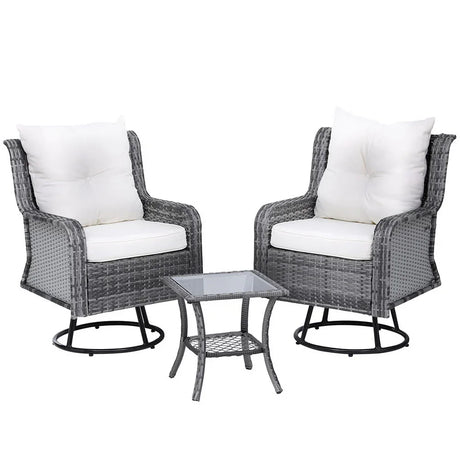 Gardeon 3PC Outdoor Furniture Bistro Set Lounge Wicker Swivel Chairs Table Cushion Grey - Flea Market