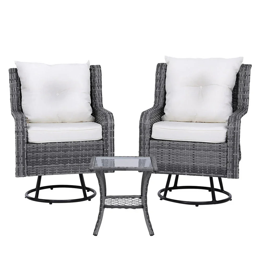 Gardeon 3PC Outdoor Furniture Bistro Set Lounge Wicker Swivel Chairs Table Cushion Grey - Flea Market