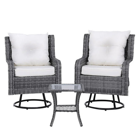 Gardeon 3PC Outdoor Furniture Bistro Set Lounge Wicker Swivel Chairs Table Cushion Grey - Flea Market