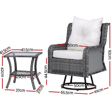 Gardeon 3PC Outdoor Furniture Bistro Set Lounge Wicker Swivel Chairs Table Cushion Grey - Flea Market