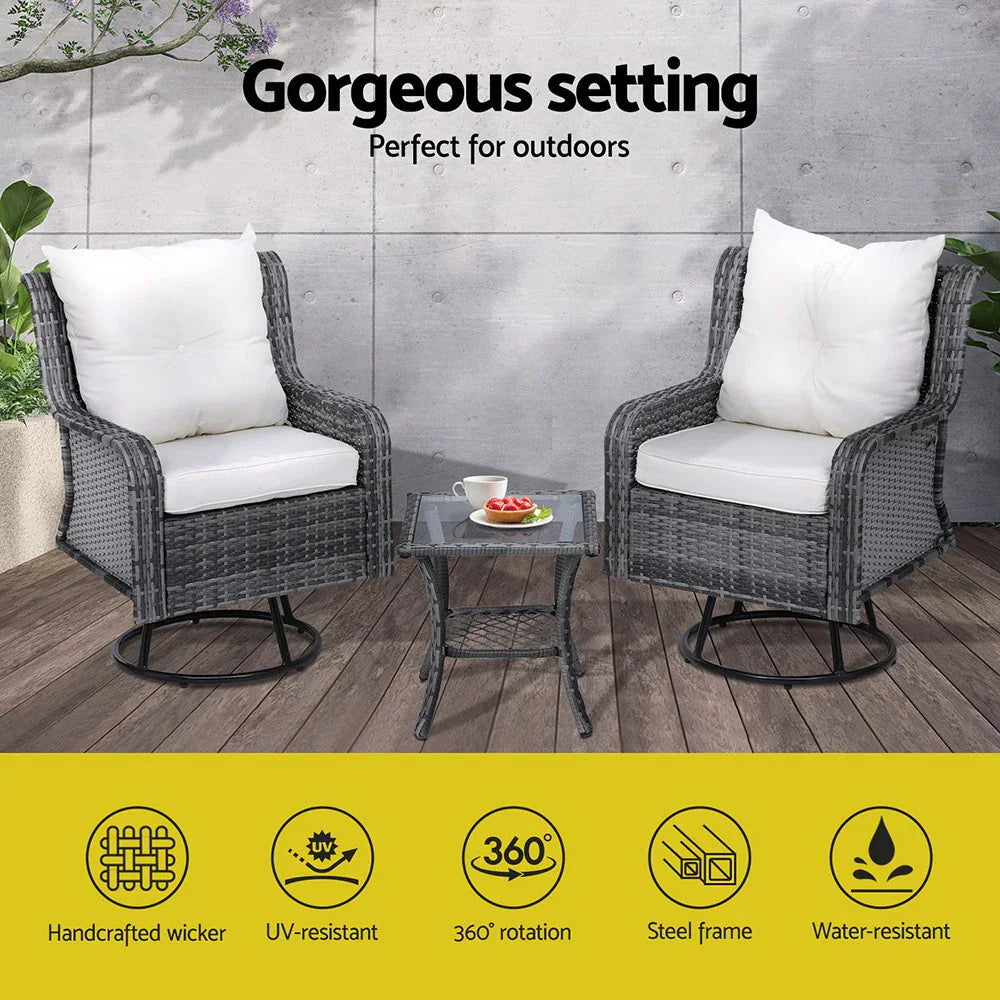 Gardeon 3PC Outdoor Furniture Bistro Set Lounge Wicker Swivel Chairs Table Cushion Grey - Flea Market
