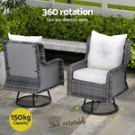 Gardeon 3PC Outdoor Furniture Bistro Set Lounge Wicker Swivel Chairs Table Cushion Grey - Flea Market
