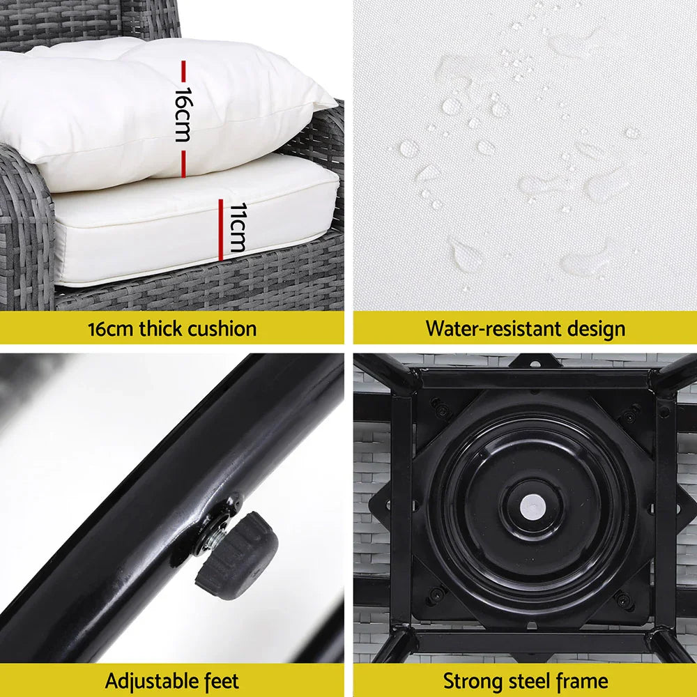 Gardeon 3PC Outdoor Furniture Bistro Set Lounge Wicker Swivel Chairs Table Cushion Grey - Flea Market