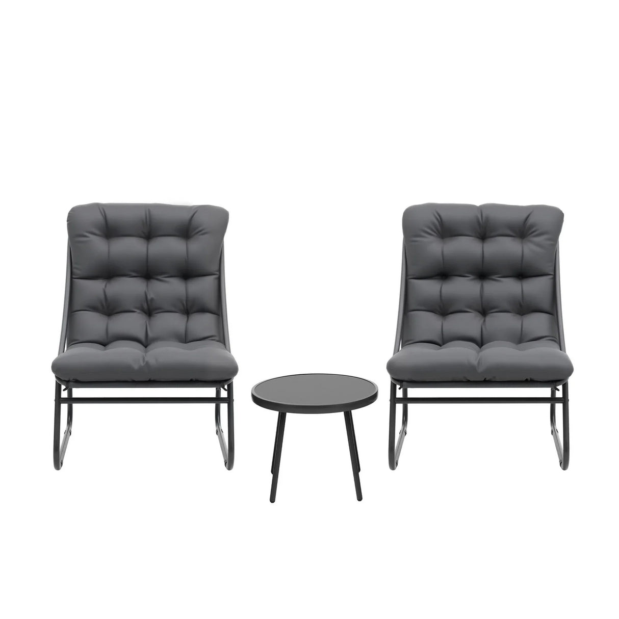 Modern outdoor bistro set with two grey cushioned chairs and round table, Flea Market AU