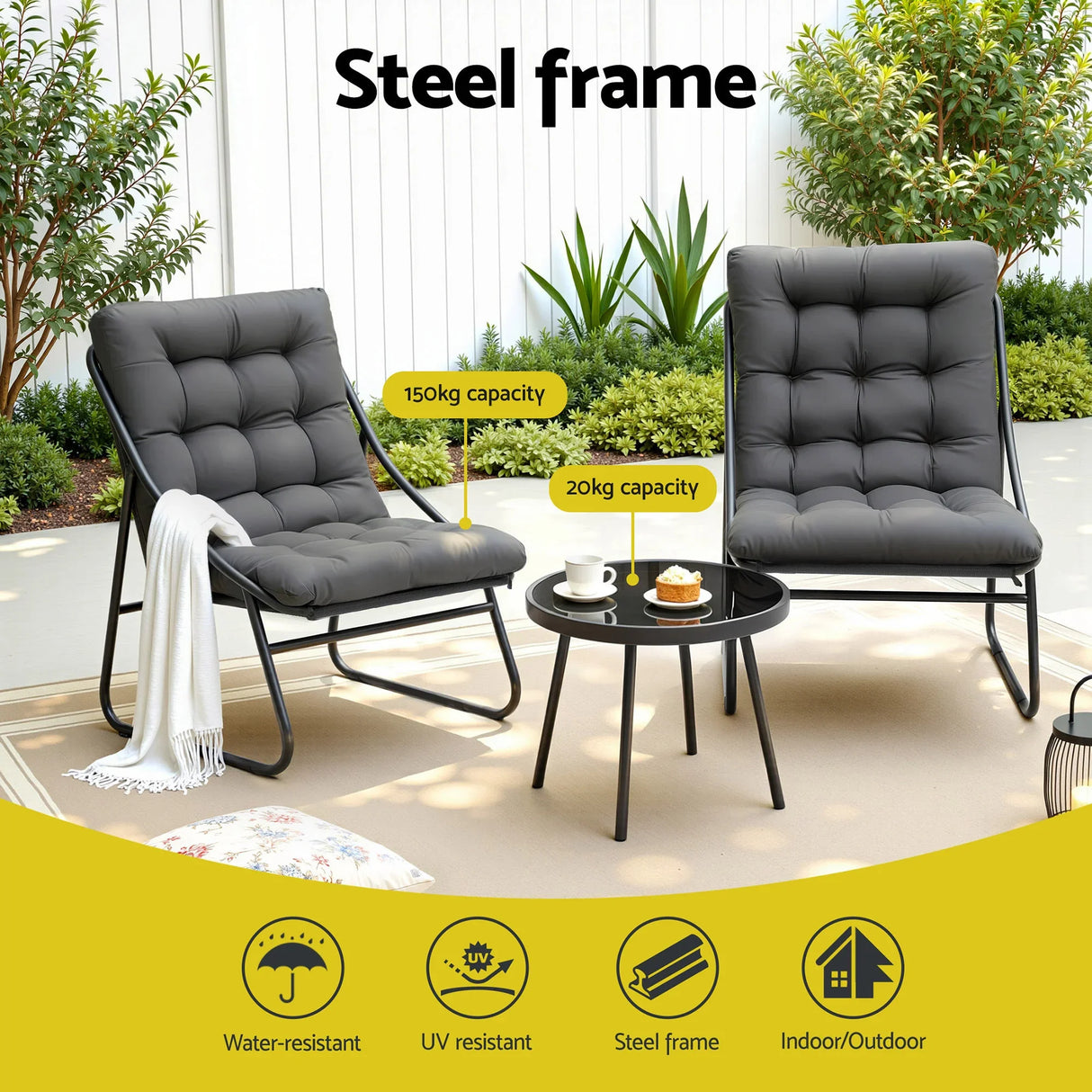 Outdoor patio set with two cushioned steel frame chairs and round table, UV and water resistant, for Flea Market AU.