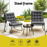 Outdoor patio set with two cushioned steel frame chairs and round table, UV and water resistant, for Flea Market AU.