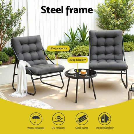 Outdoor patio set with two cushioned steel frame chairs and round table, UV and water resistant, for Flea Market AU.