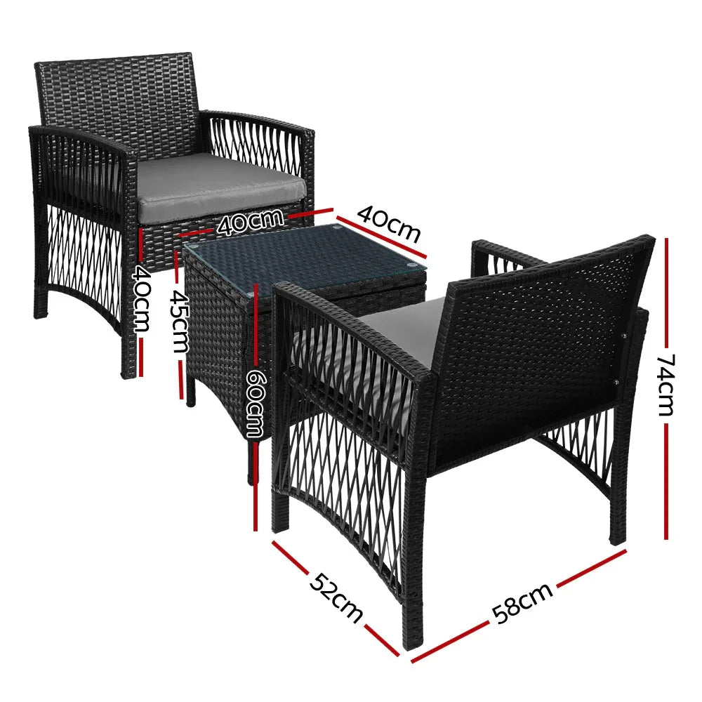 3PC Outdoor Bistro Set Patio Furniture Wicker Dining Chairs Table Cushion Black - Flea Market