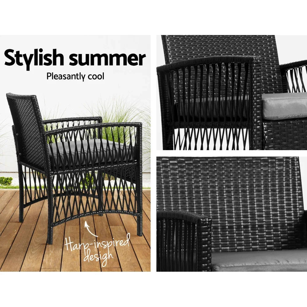 3PC Outdoor Bistro Set Patio Furniture Wicker Dining Chairs Table Cushion Black - Flea Market