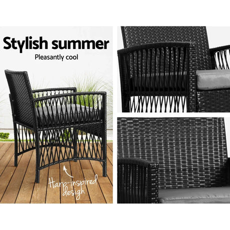 3PC Outdoor Bistro Set Patio Furniture Wicker Dining Chairs Table Cushion Black - Flea Market