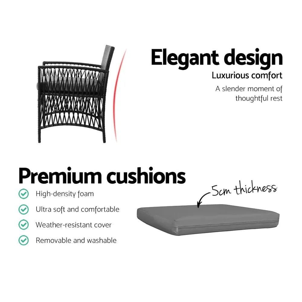 3PC Outdoor Bistro Set Patio Furniture Wicker Dining Chairs Table Cushion Black - Flea Market