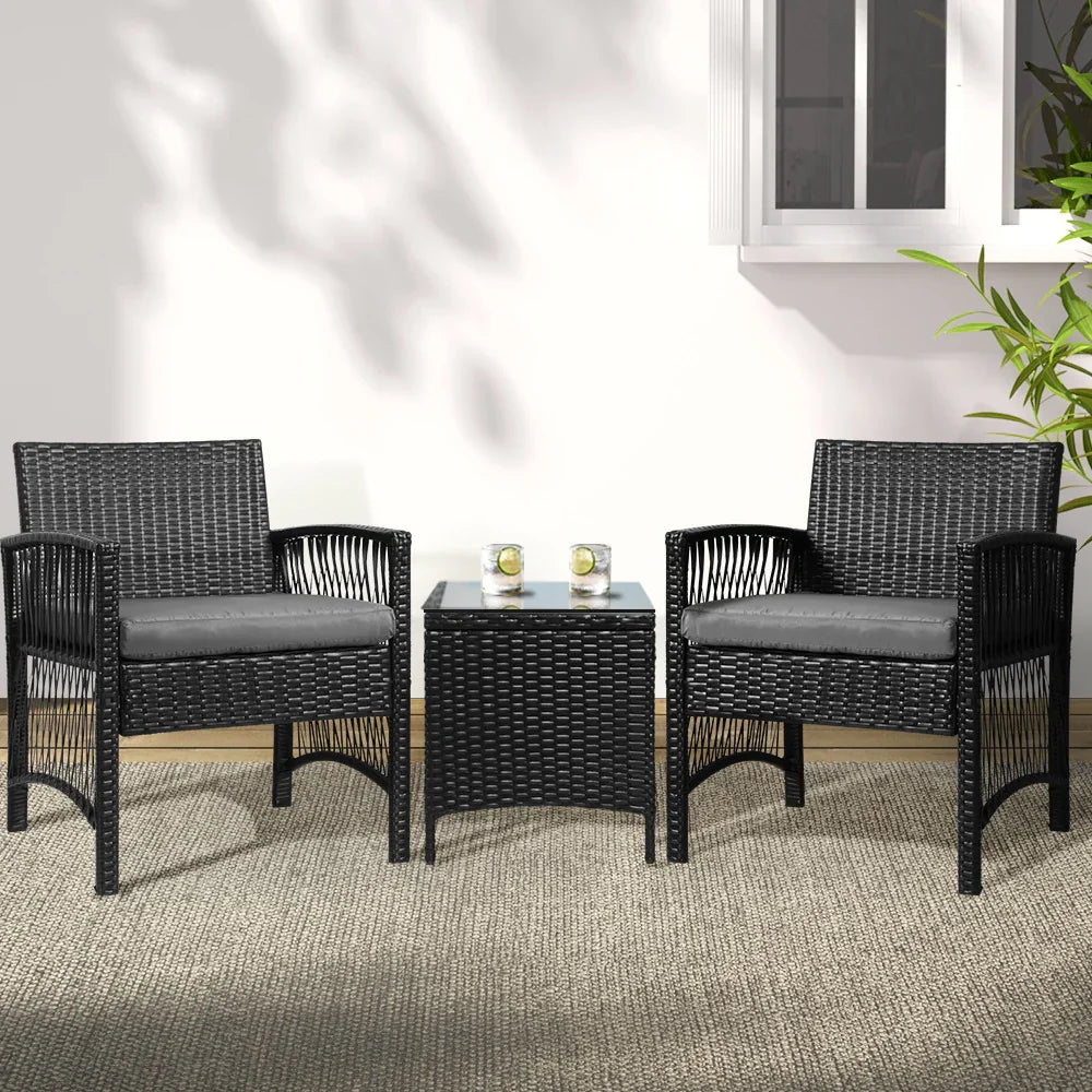 3PC Outdoor Bistro Set Patio Furniture Wicker Dining Chairs Table Cushion Black - Flea Market