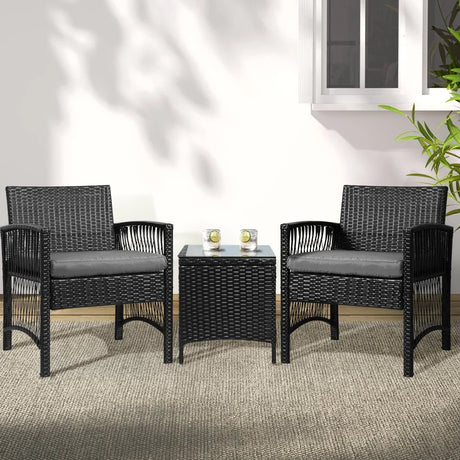 3PC Outdoor Bistro Set Patio Furniture Wicker Dining Chairs Table Cushion Black - Flea Market