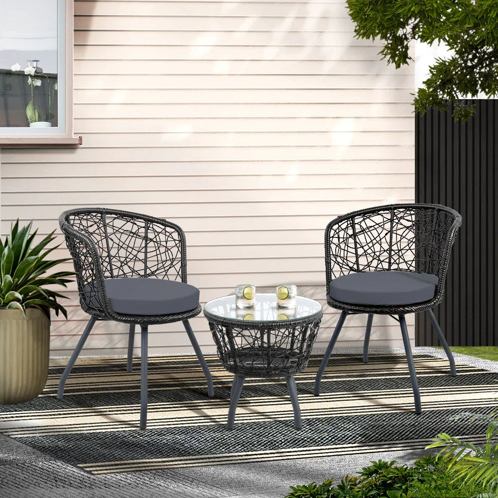 Gardeon 3PC Bistro Set Outdoor Furniture Rattan Table Chairs Patio Garden Cushion Black - Flea Market