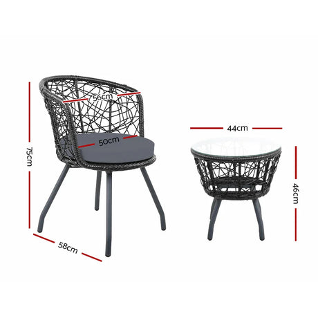 Gardeon 3PC Bistro Set Outdoor Furniture Rattan Table Chairs Patio Garden Cushion Black - Flea Market