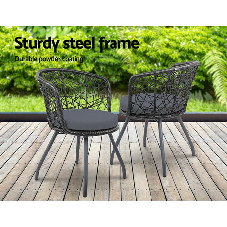 Gardeon 3PC Bistro Set Outdoor Furniture Rattan Table Chairs Patio Garden Cushion Black - Flea Market