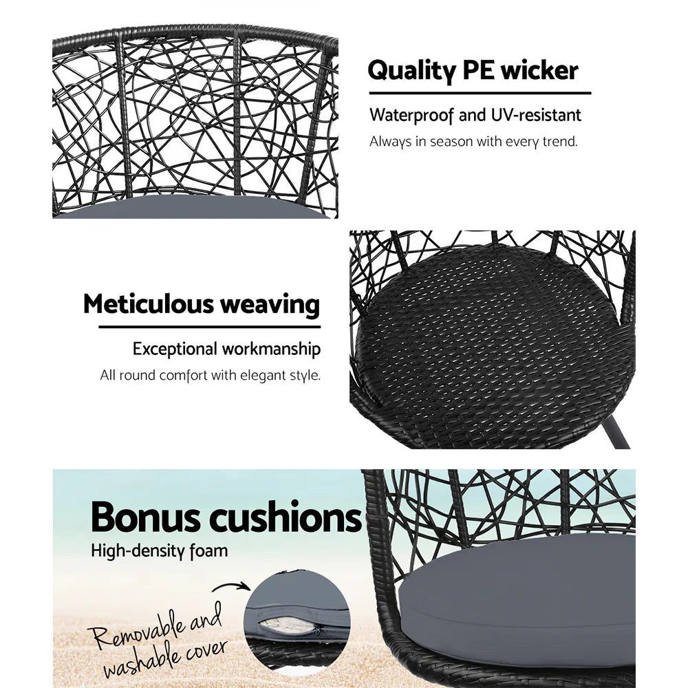 Gardeon 3PC Bistro Set Outdoor Furniture Rattan Table Chairs Patio Garden Cushion Black - Flea Market
