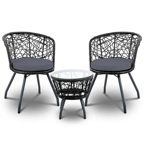 Gardeon 3PC Bistro Set Outdoor Furniture Rattan Table Chairs Patio Garden Cushion Black - Flea Market